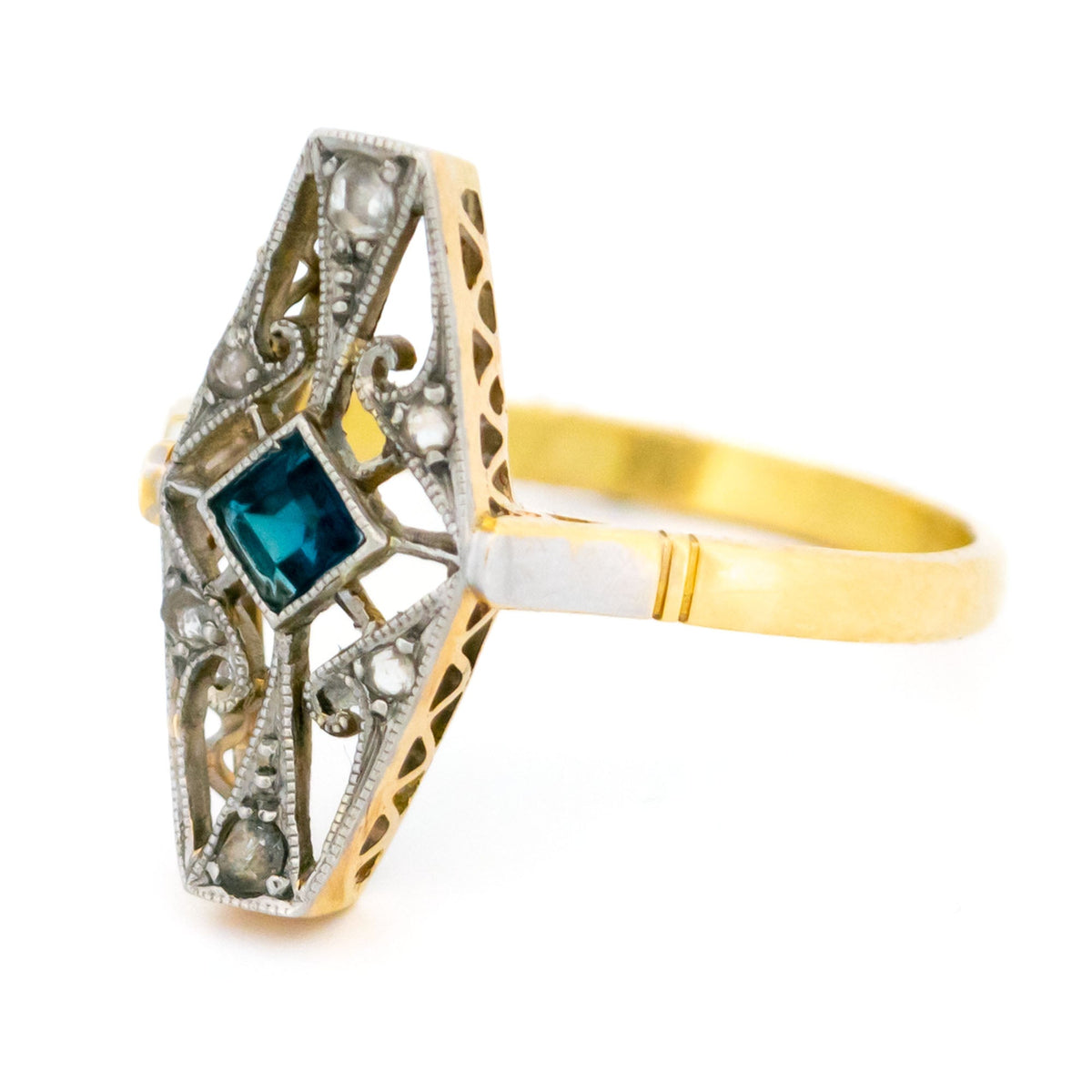Diamond Sapphire 14ct Gold and Platinum Navette-Shape Engagement Ring