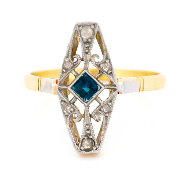Diamond Sapphire 14ct Gold and Platinum Navette-Shape Engagement Ring