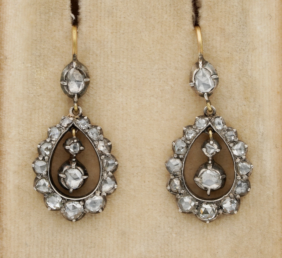 Georgian Gold Silver Rose Cut Diamond Drop Earrings, Circa 1790