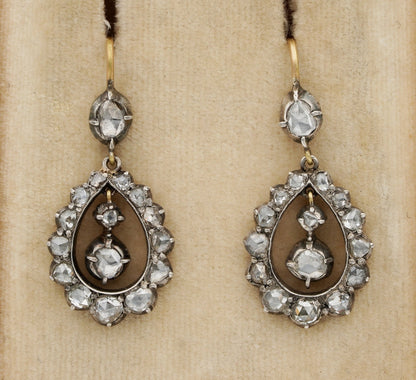 Georgian Gold Silver Rose Cut Diamond Drop Earrings, Circa 1790
