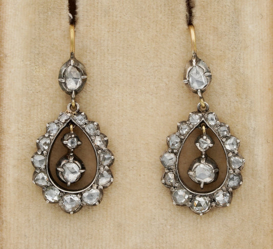 Georgian Gold Silver Rose Cut Diamond Drop Earrings, Circa 1790