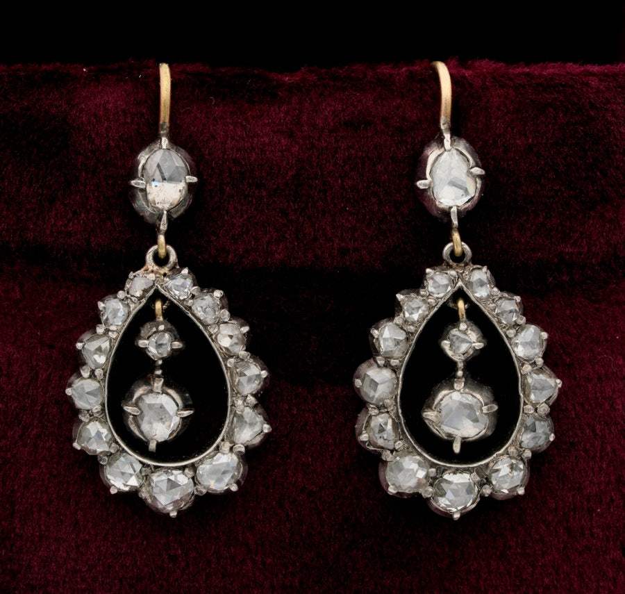 Georgian Gold Silver Rose Cut Diamond Drop Earrings, Circa 1790