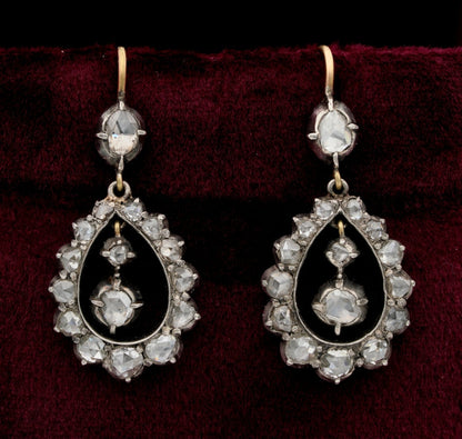 Georgian Gold Silver Rose Cut Diamond Drop Earrings, Circa 1790