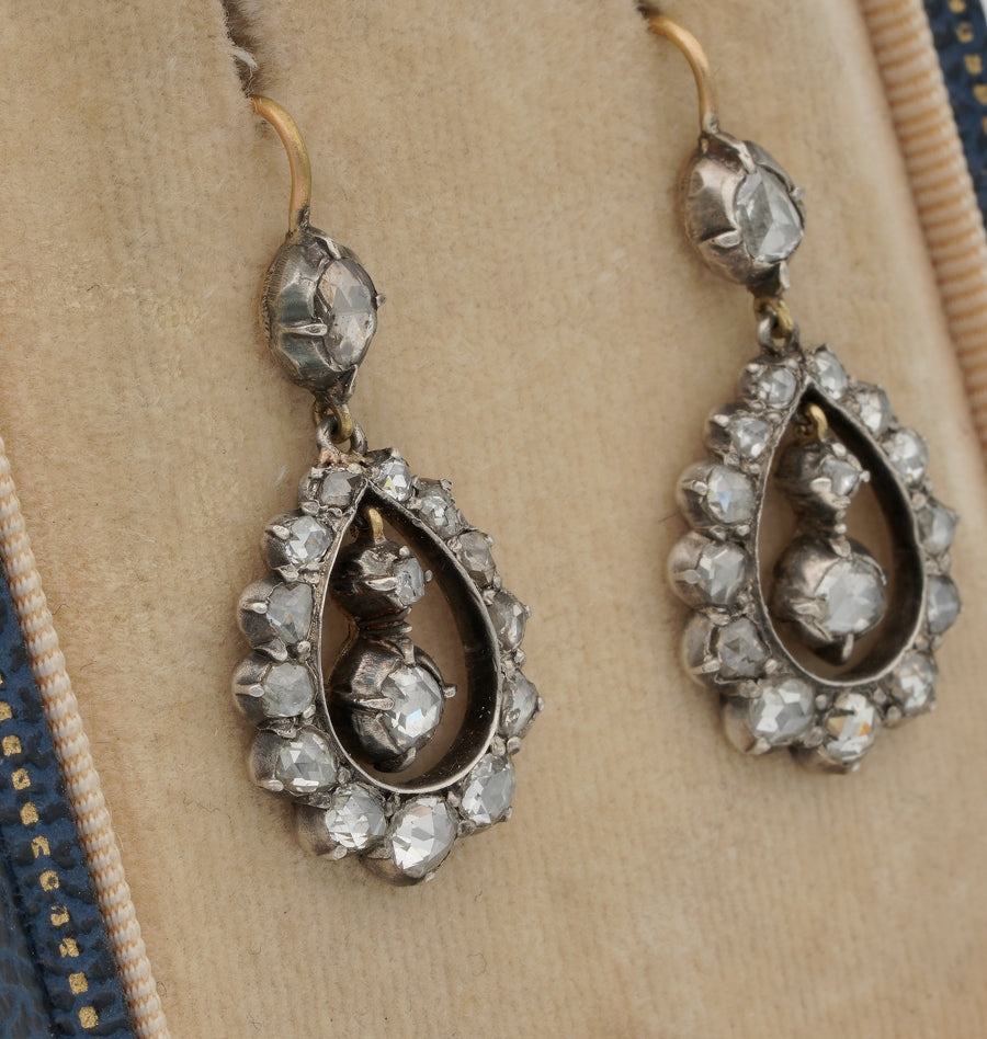 Georgian Gold Silver Rose Cut Diamond Drop Earrings, Circa 1790