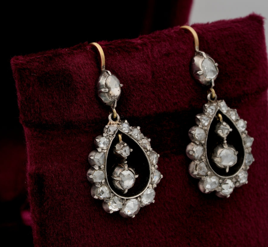 Georgian Gold Silver Rose Cut Diamond Drop Earrings, Circa 1790