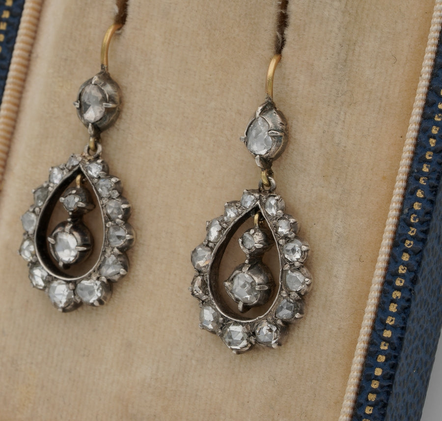 Georgian Gold Silver Rose Cut Diamond Drop Earrings, Circa 1790
