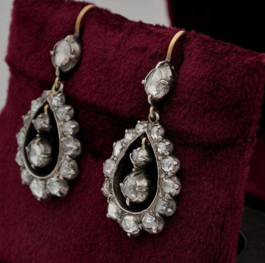 Georgian Gold Silver Rose Cut Diamond Drop Earrings, Circa 1790