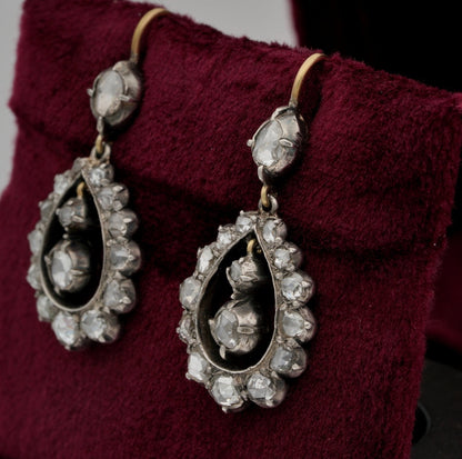 Georgian Gold Silver Rose Cut Diamond Drop Earrings, Circa 1790
