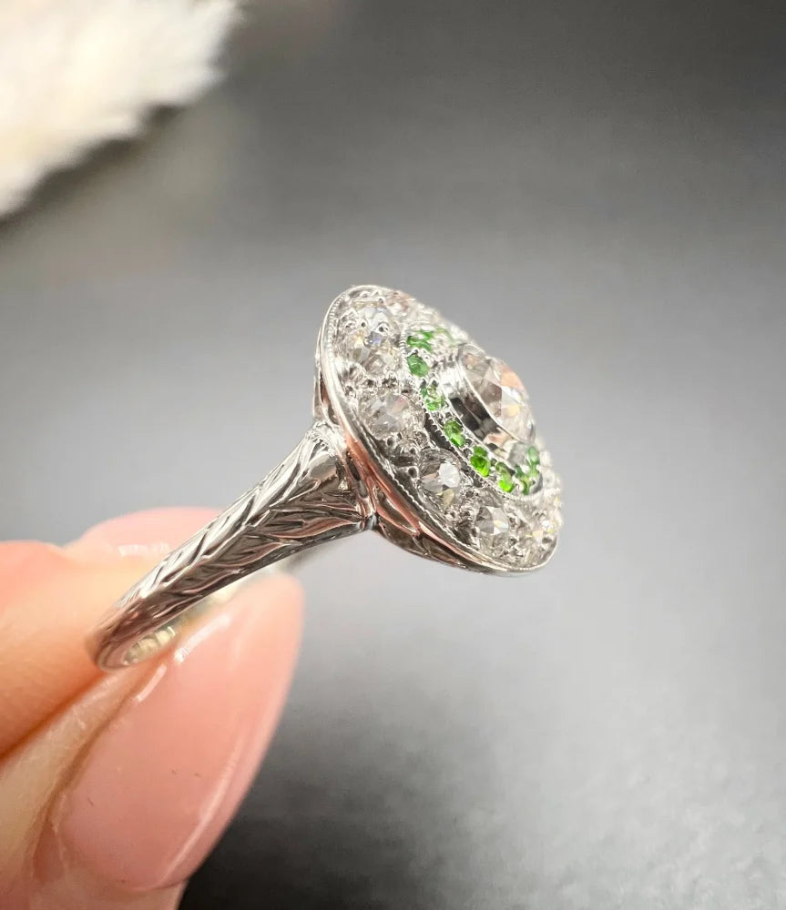 Edwardian Antique Demantoid Garnet and Diamond Target Cluster Ring