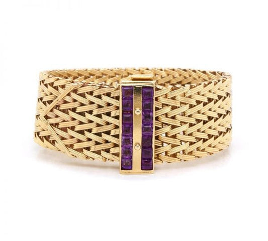 Vintage 1970's Rope Design 9ct Yellow Gold Bracelet with Stone Set Clasp; constructed of rope-style links, with purple stone-set clasp, Birmingham 1970.