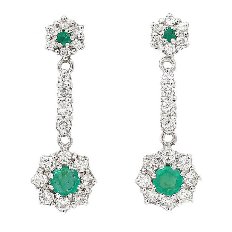 Vintage Emerald and Diamond Cluster Drop Earrings in 18ct white gold
