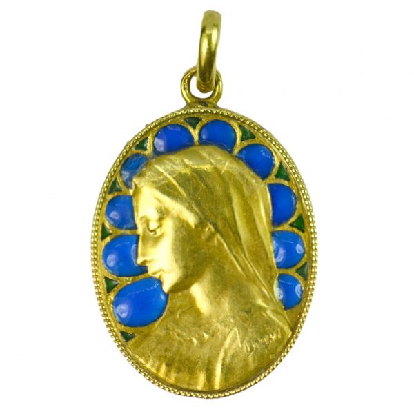 French 18ct Gold and Plique a Jour Blue Enamel Virgin Mary Pendant; depicting the Virgin Mary with blue and green plique-a-jour enamel, Signed Dropsy