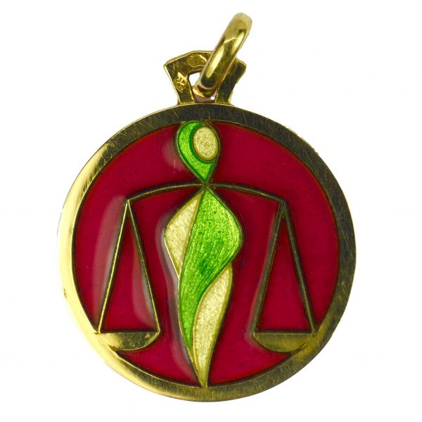 French Zodiac Libra Plique a Jour Enamel and 18ct Gold Charm Pendant; depicting a pair of scales with yellow, green and red plique a jour enamel, makers mark for Arthus Bertrand