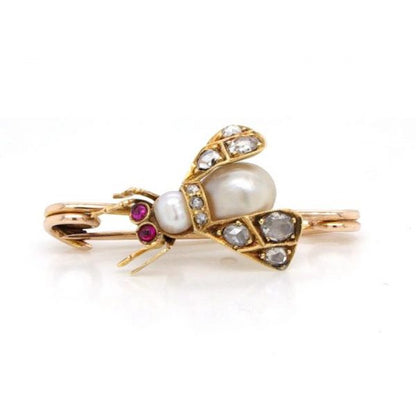 Antique Natural Pearl, Diamond and 15ct Gold Fly Insect Brooch; body formed from two natural pearls, rose-cut diamond set wings, red stone eyes. Circa 1910