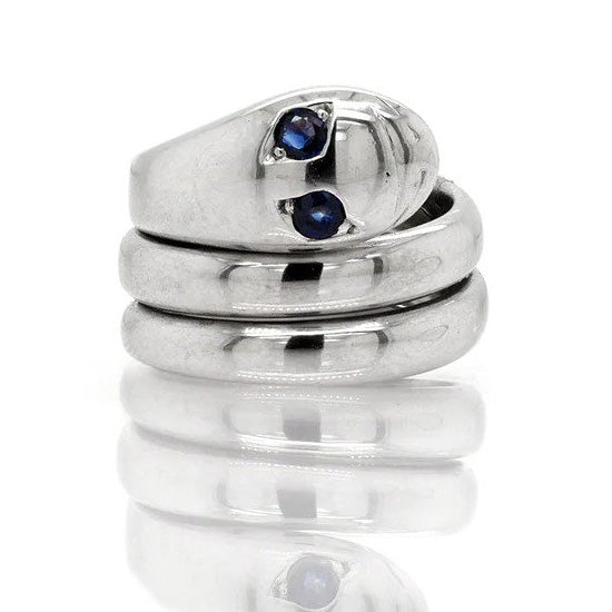 Vintage 14ct White Gold Coiled Snake Ring with Blue Sapphire Eyes