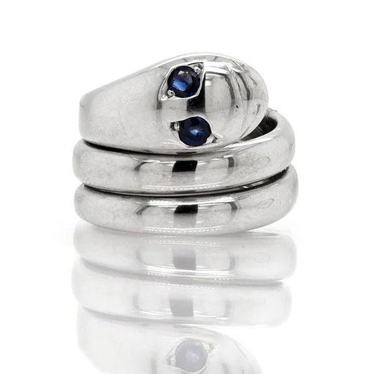 Vintage 14ct White Gold Coiled Snake Ring with Blue Sapphire Eyes