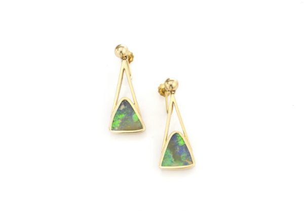 Vintage 16ct Triangular Black Opal and 18ct Yellow Gold Drop Earrings; each set with 8ct triangular-cut black opal, with screw back fittings. Circa 1950-1970s