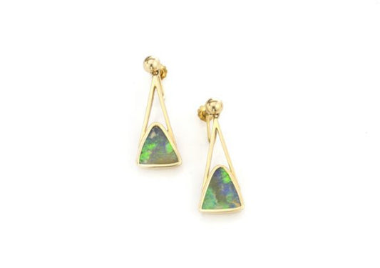 Vintage 16ct Triangular Black Opal and 18ct Yellow Gold Drop Earrings; each set with 8ct triangular-cut black opal, with screw back fittings. Circa 1950-1970s