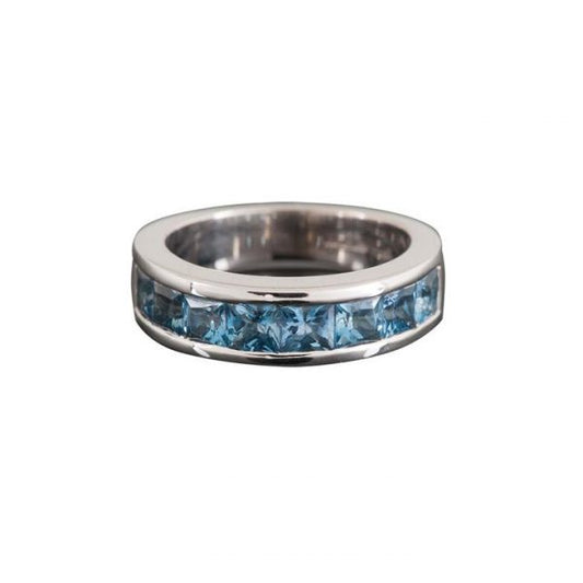 Square Cut Aquamarine Full Eternity Ring; channel set with square step-cut aquamarines, 1.69 carat total, in 18ct white gold