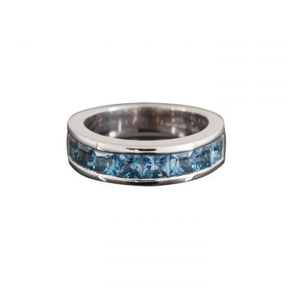 Square Cut Aquamarine Full Eternity Ring; channel set with square step-cut aquamarines, 1.69 carat total, in 18ct white gold