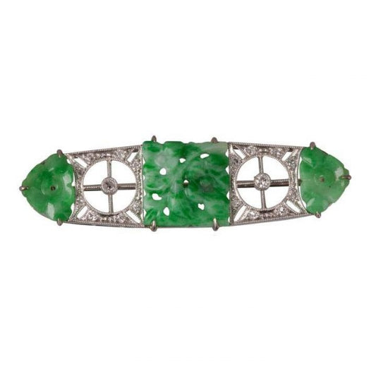 Art Deco Carved Jade, Diamond and Platinum Panel Brooch; with alternating panels of carved jade and diamond set openwork sections