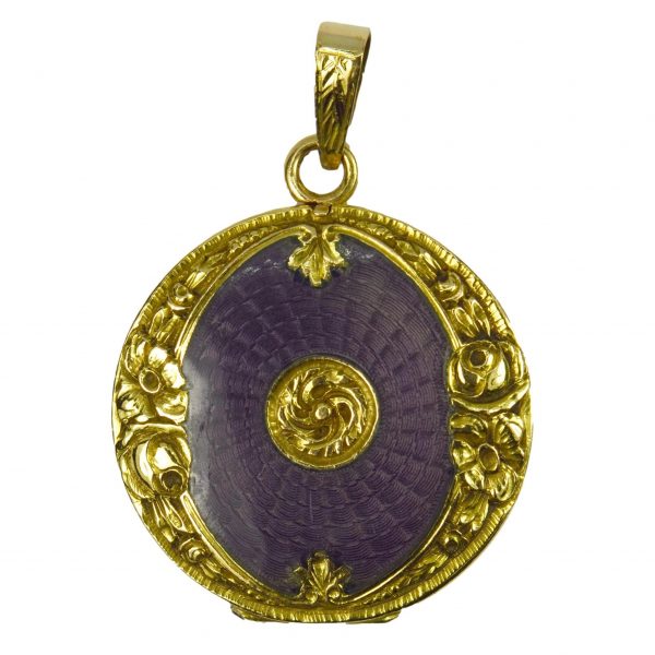 Purple Enamel and 18ct Yellow Gold Locket Pendant; unique 18ct gold pendant locket decorated with purple guilloche enamel and floral frame