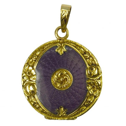 Purple Enamel and 18ct Yellow Gold Locket Pendant; unique 18ct gold pendant locket decorated with purple guilloche enamel and floral frame