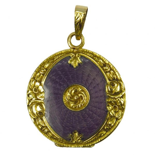 Purple Enamel and 18ct Yellow Gold Locket Pendant; unique 18ct gold pendant locket decorated with purple guilloche enamel and floral frame