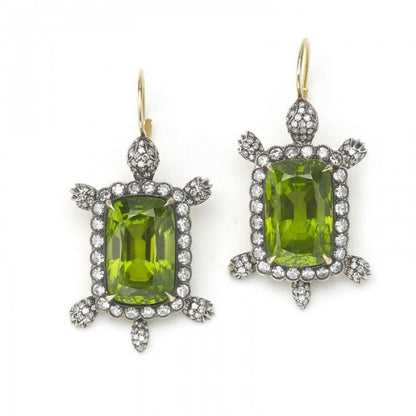 Peridot and Diamond Turtle Earrings, set with 30.48cts cushion shaped peridot surrounded by eight-cut diamonds, with articulating diamond set head, tail and feet