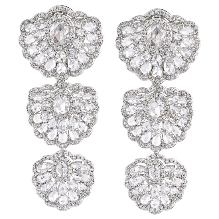 Rose Cut Diamond Orchid Drop Earrings, 8.51 carat total, 18ct White Gold