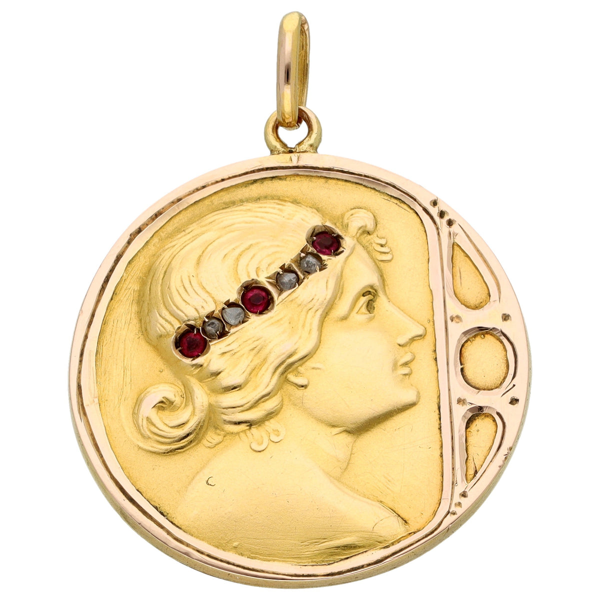 Art Nouveau Style 18 Carat Yellow Gold Ruby and Diamond Female Portrait Pendant