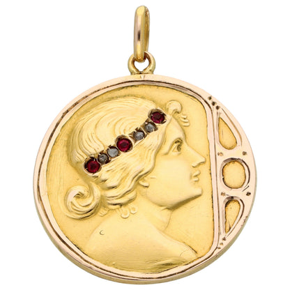 Art Nouveau Style 18 Carat Yellow Gold Ruby and Diamond Female Portrait Pendant