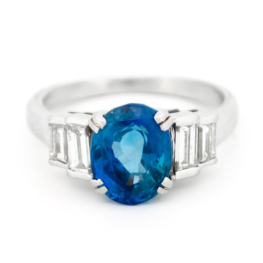 Vintage Natural Unheated Sri Lankan Sapphire, Diamond and 18 Carat White Gold Ring