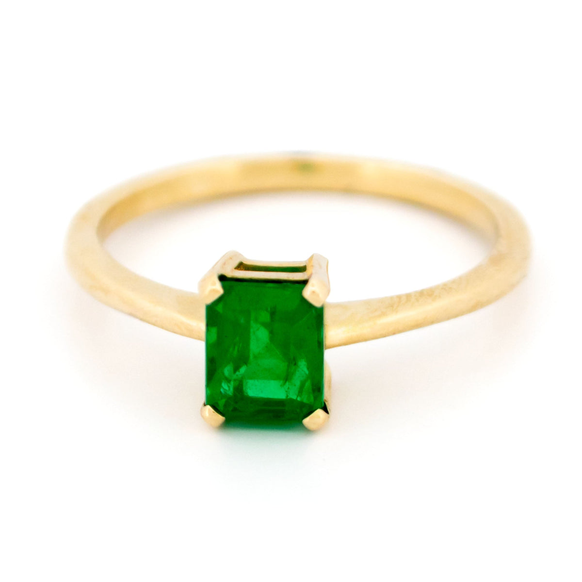 New 14 Carat Yellow Gold Emerald Solitaire Ring, 1.00 Carat