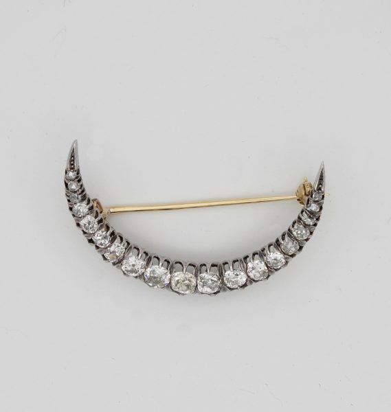 Antique Victorian 2.20ct Old Mine Cut Diamond Crescent Moon Brooch, 18ct Gold