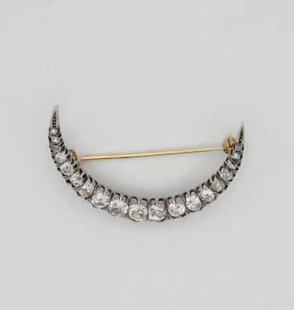 Antique Victorian 2.20ct Old Mine Cut Diamond Crescent Moon Brooch, 18ct Gold