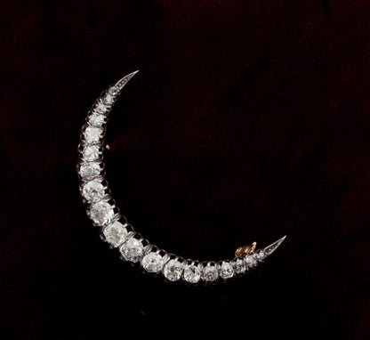 Antique Victorian 2.20ct Old Mine Cut Diamond Crescent Moon Brooch, 18ct Gold