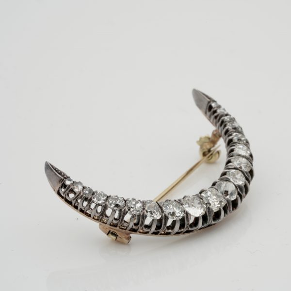 Antique Victorian 2.20ct Old Mine Cut Diamond Crescent Moon Brooch, 18ct Gold