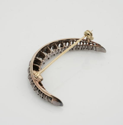 Antique Victorian 2.20ct Old Mine Cut Diamond Crescent Moon Brooch, 18ct Gold