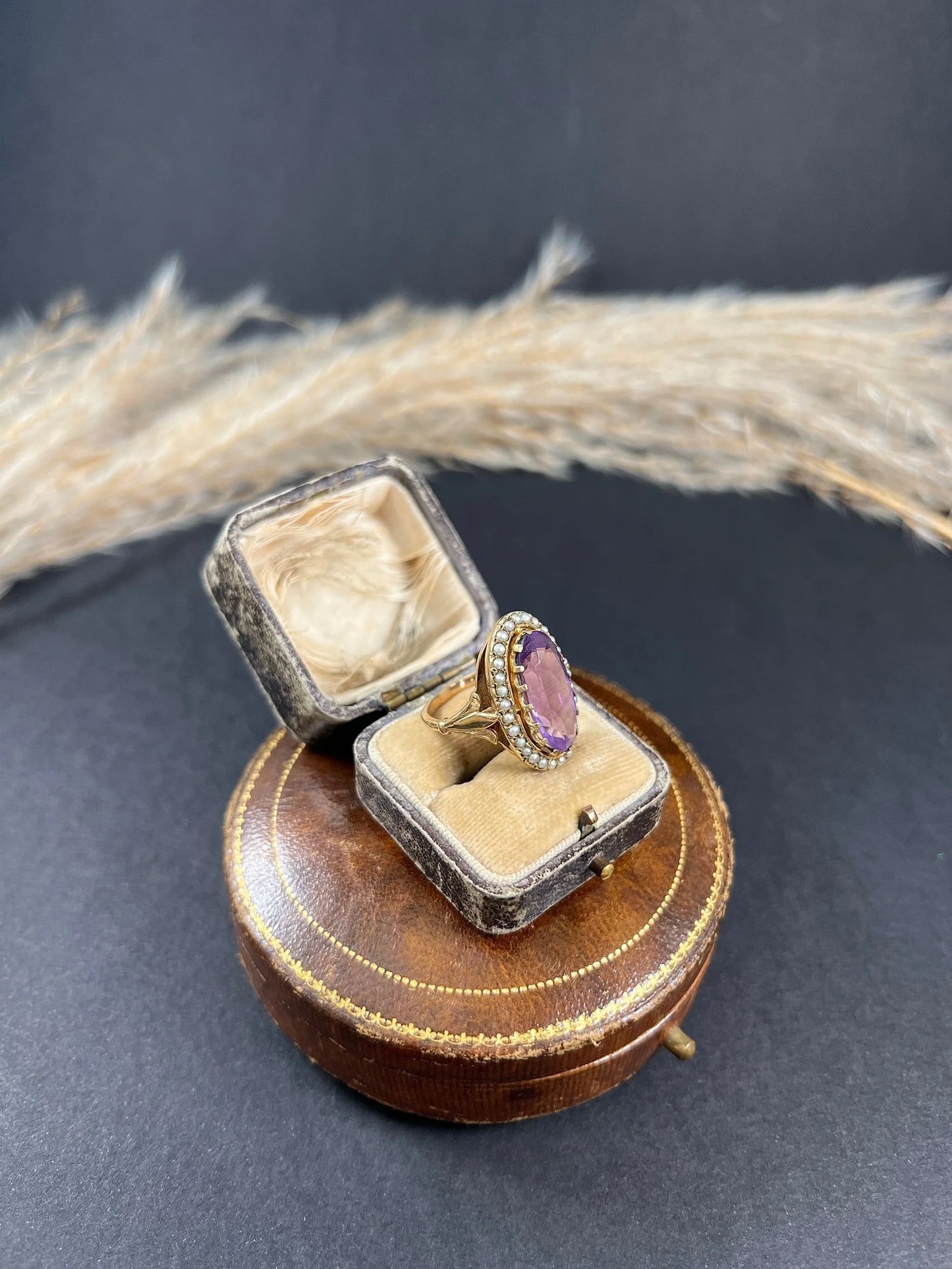 Vintage 9ct Gold, Hallmarked London 1966, Large Faceted Amethyst & Seed Pearl Cocktail Ring