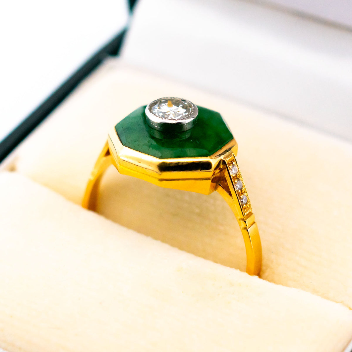 Old European Cut Diamond and Jade Octagonal Target Engagement Ring in 18ct Gold 18714-5237