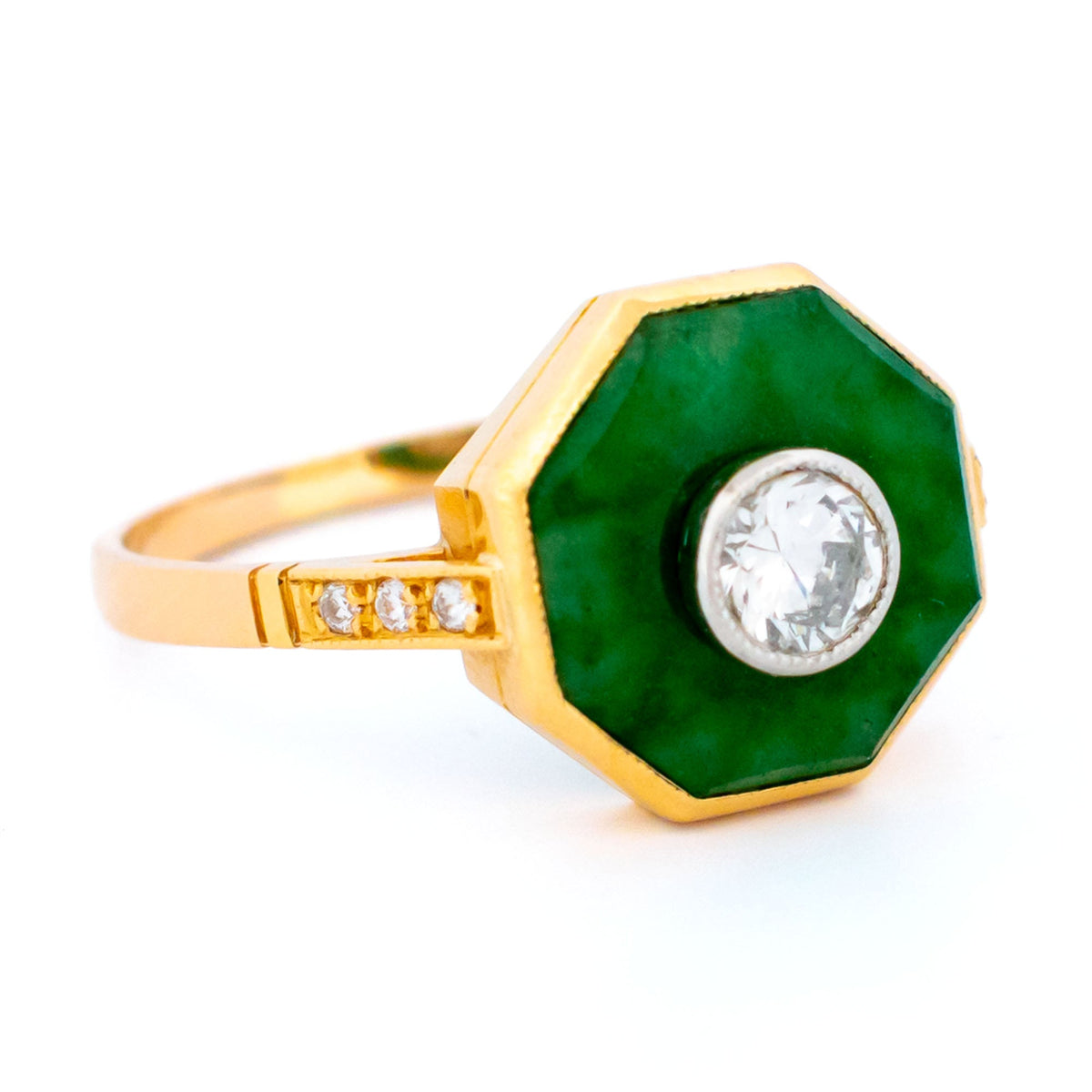 Old European Cut Diamond and Jade Octagonal Target Engagement Ring in 18ct Gold 18714-5237