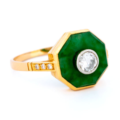 Old European Cut Diamond and Jade Octagonal Target Engagement Ring in 18ct Gold 18714-5237