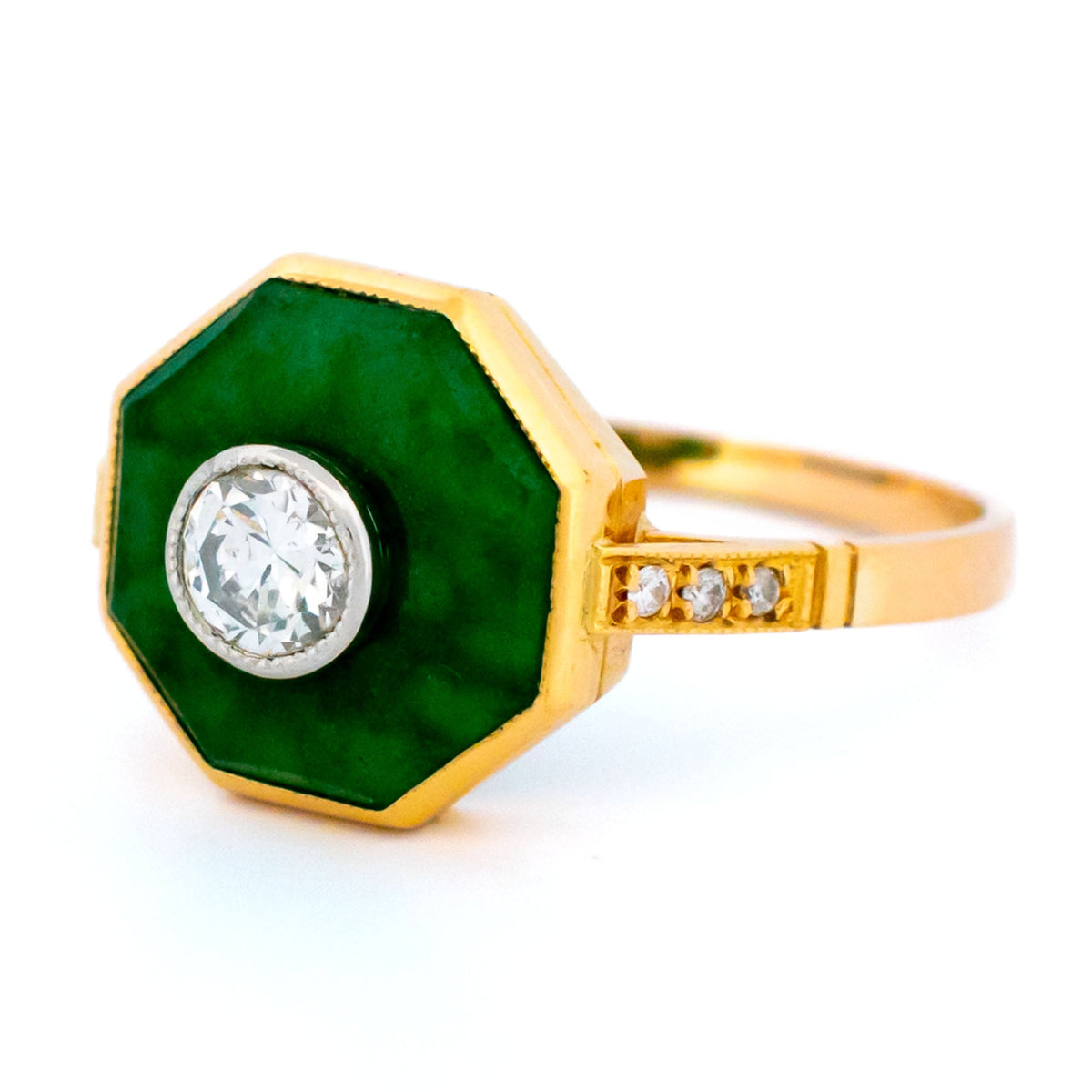 Old European Cut Diamond and Jade Octagonal Target Engagement Ring in 18ct Gold 18714-5237
