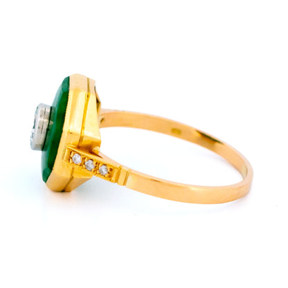 Old European Cut Diamond and Jade Octagonal Target Engagement Ring in 18ct Gold 18714-5237