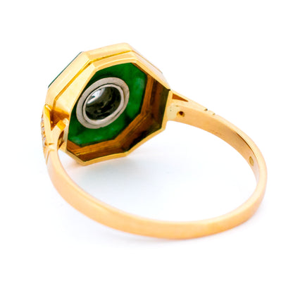 Old European Cut Diamond and Jade Octagonal Target Engagement Ring in 18ct Gold 18714-5237