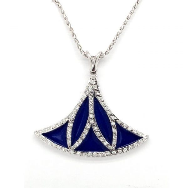 Contemporary Blue Enamel, Diamond and 18ct Gold Pendant; unique pendant formed of a single lotus shape, decorated with blue enamel and set with 0.43cts diamonds