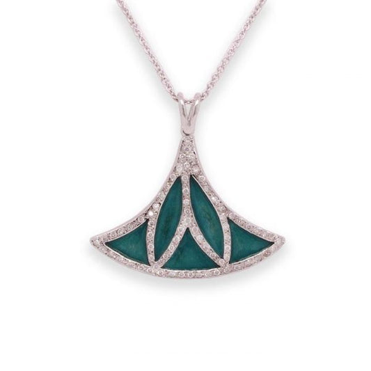 Green Enamel and Diamond Lotus Flower Pendant; crafted from 18ct gold and decorated with green enamel and 0.44cts diamonds