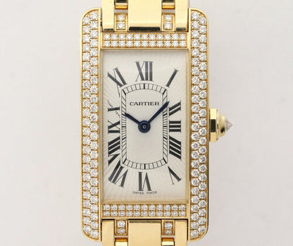 Cartier Tank Américaine 2482 Ladies Watch in 18ct Yellow Gold with Original Cartier Diamond Bezel and Bracelet, In very good condition and comes with Cartier box and papers.