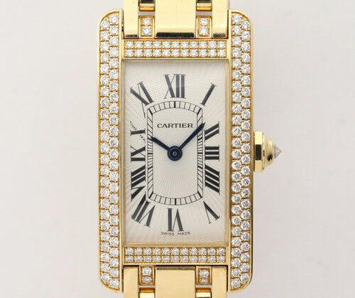 Cartier Tank Américaine 2482 Ladies Watch in 18ct Yellow Gold with Original Cartier Diamond Bezel and Bracelet, In very good condition and comes with Cartier box and papers.